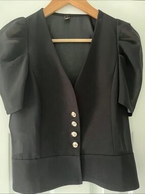 Black Structure Button Front Top with Sheer detailing and gold buttons